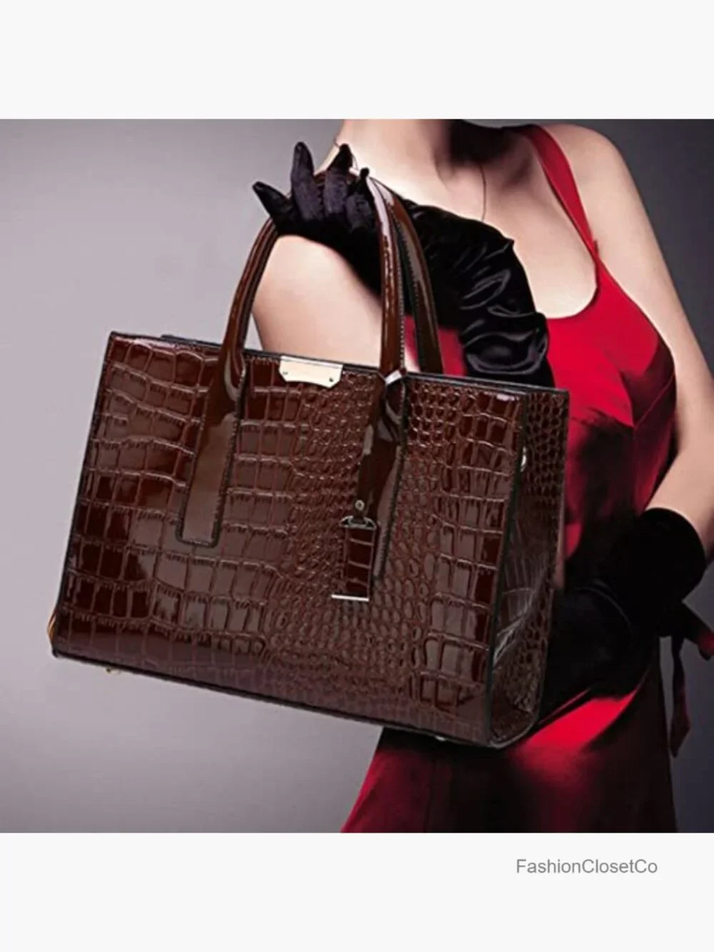 PU Leather Top Handle Satchel Handbag Crocodile Pattern Shoulder Bag Tote